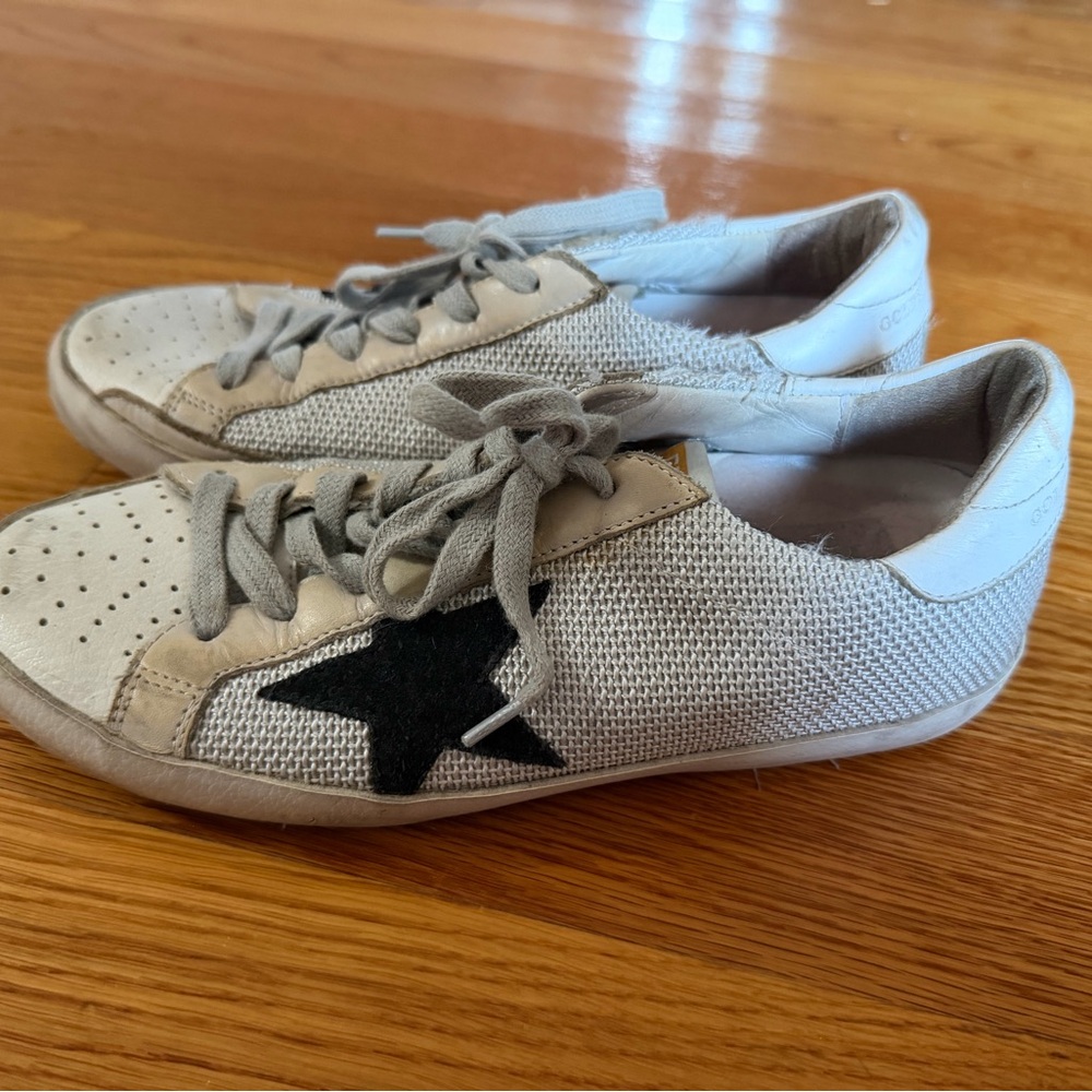 Golden Goose Beige Knit Sneakers with Black Star